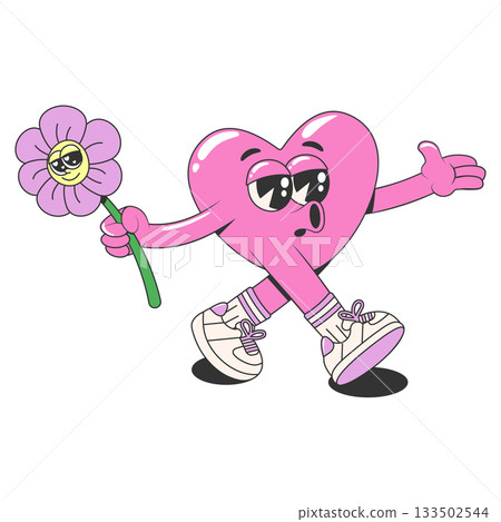Retro groovy lovely heart character with a flower . Cartoon romantic 60s, 70s vintage Happy Valentines day sticker. Vector illustration in pink and purple colors on a transparent background. 133502544