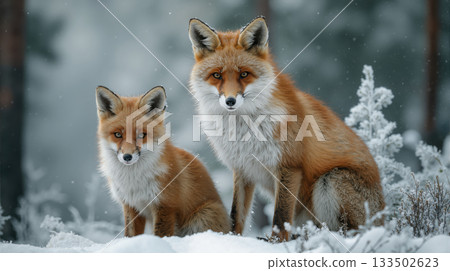 Pair of red foxes in snowy forest during winter with fluffy tails and alert expressions in natural wildlife habitat 133502623