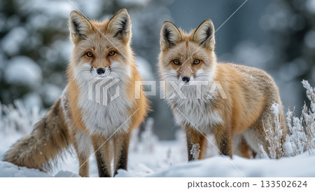 Two red foxes standing in snowy landscape with blurred trees in the background Two red foxes standing in snowy landscape with blurred trees in the background 133502624
