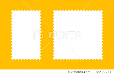 Postage stamp template frames set. Empty borders, backdrops for letters, postcards. Blank circle, rectangular vintage stamp. Tags, labels, coupons, boxes with curvy, wavy perforated edges. 133502744