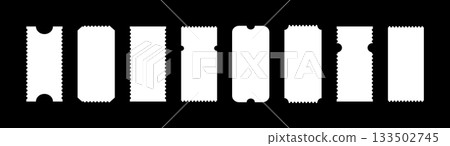 Admit one tickets mockup. Empty flat templates. Pattern of ticket for circus, theater, cinema, casino, festival, club. Boarding simple blanks, lottery. Sale minimalist coupons. Blanks backgrounds 133502745