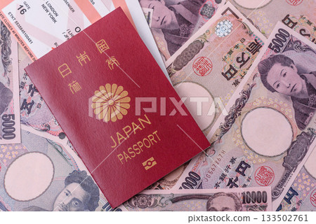 Japanese passport or id document with tickets for flight, travel, border crossing. Japan passport 133502761
