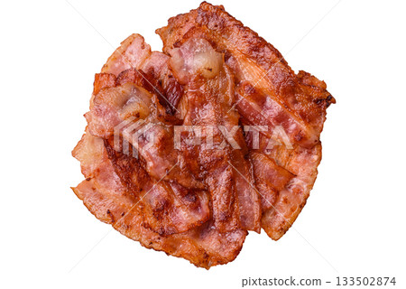 Fried pork bacon slices or strips as a breakfast ingredient. Fried bacon 133502874