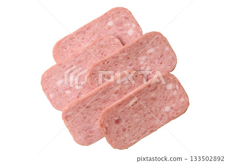 Spiced ham slices, canned meat for lunch sandwiches. Spiced ham as a food background Spiced ham slices, canned meat for lunch sandwiches. Spiced ham as a food background 133502892