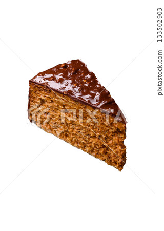 A slice of sweet layered cake covered in chocolate with nuts and caramel. A slice of chocolate cake 133502903