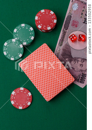 Casino game in the Japan, yen money, chips, cards. Gambling in casinos in the Japan 133502958