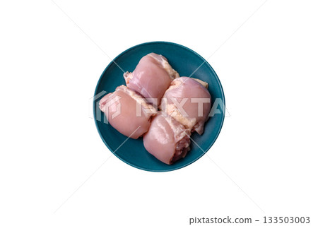 Chicken or turkey raw thigh fillet, skinless and boneless poultry meat. Chicken thigh fillet 133503003