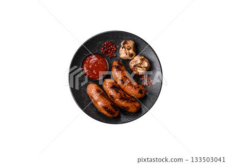 Grilled chicken or beef sausages with sauce and spices. Grilled sausages Grilled chicken or beef sausages with sauce and spices. Grilled sausages 133503041