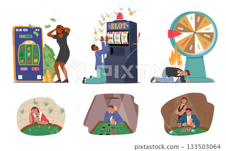 Unhappy people suffering gambling losses showing emotions of despair, financial ruin and addiction 133503064
