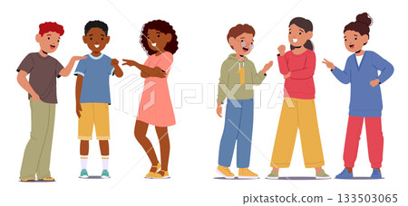 Cheerful little kids cartoon characters playing paper rock scissors hand interactive game set 133503065