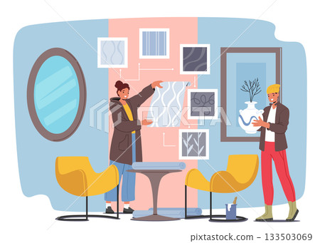 Decorator and designer working on room design choosing wallpaper and decoration to create interior 133503069