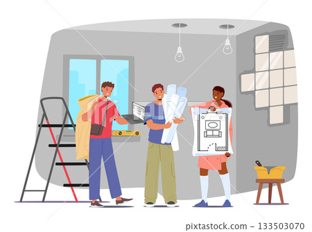 Interior designers and decorators team reading draft blueprints choosing strategic planning 133503070