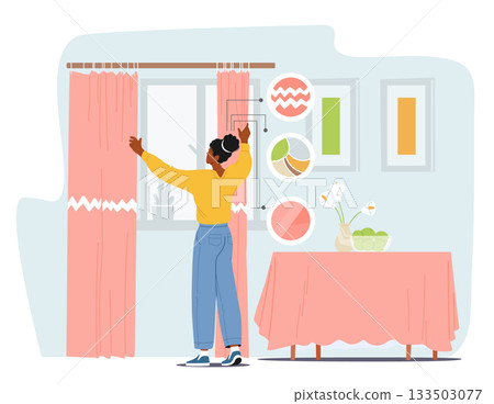 Woman interior design decorator selecting curtains to create cozy atmosphere in room cartoon scene 133503077
