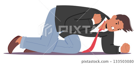 Furious irritated man cartoon character in rage hitting floor with fists screaming isolated on white 133503080