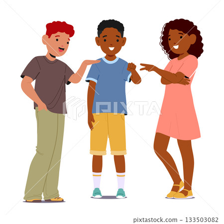 Diverse multiethnic little children carton characters playing paper rock scissors game together 133503082