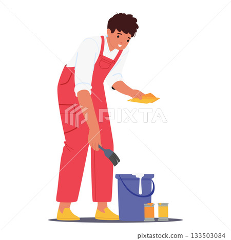 Man decorator character painting with brush remodeling home or office for refreshing and new look 133503084
