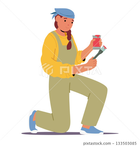 Woman artist cartoon character painting with brush engaged in home or office design renovation 133503085