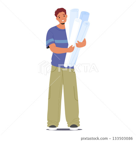 Man interior designer carrying drafting papers, blueprints scrolls isolated on white background 133503086