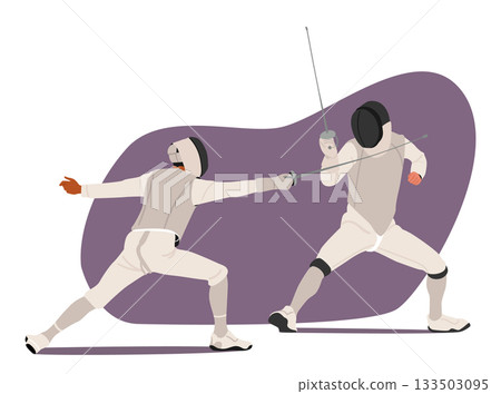 People cartoon characters doing fencing performing dynamic sword sport participating competition 133503095