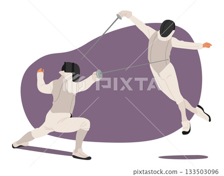 Pair of fencers in full uniform engaged in competitive action demonstrating strength and athleticism 133503096