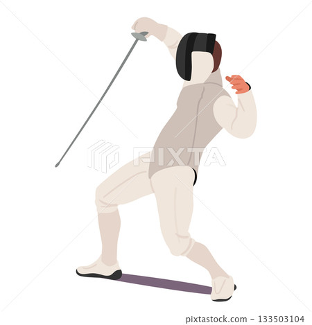 Fencer cartoon character fully geared doing defense gesture with epee isolated on white background 133503104