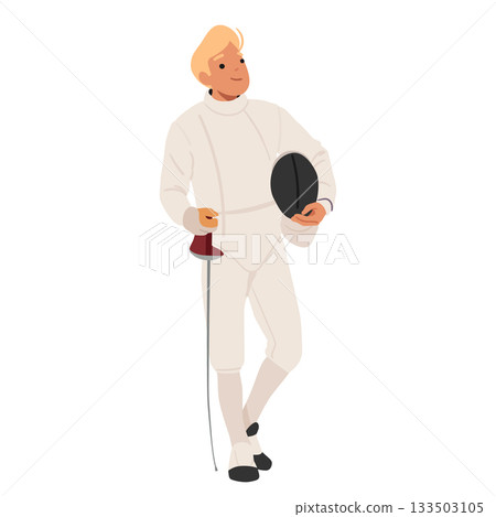 Confident male fencer cartoon character wearing uniform holding epee standing isolated on white 133503105