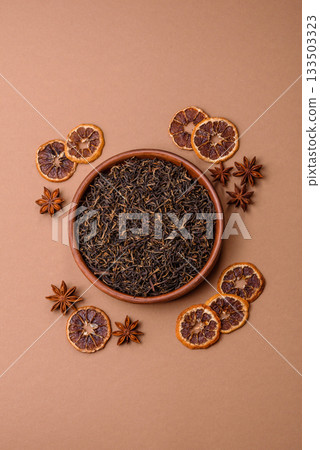 Golden black tea, dried leaves of a Chinese or Indian breakfast drink. Black tea dried leaves 133503323