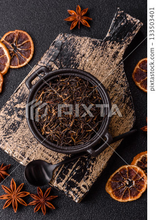 Golden black tea, dried leaves of a Chinese or Indian breakfast drink. Black tea dried leaves 133503401