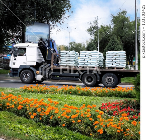 A truck with bags stands on the road in front of a traffic light against the backdrop of a flower bed. 133503425