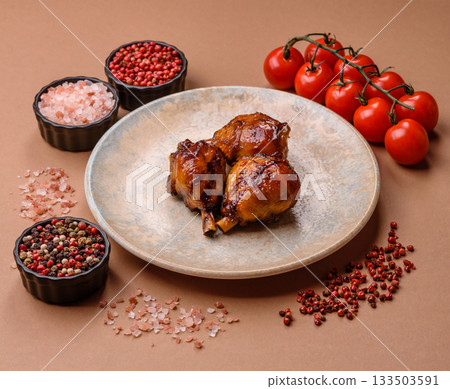 Fried chicken legs with teriyaki sauce, oven baked meat. Chicken legs 133503591