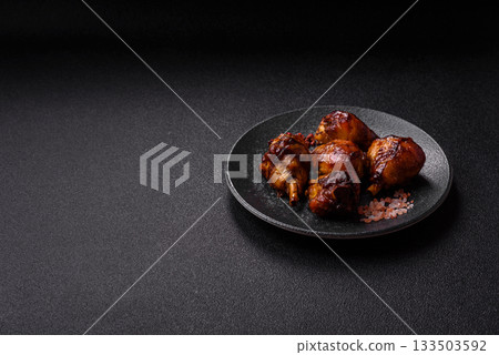 Fried chicken legs with teriyaki sauce, oven baked meat. Chicken legs Fried chicken legs with teriyaki sauce, oven baked meat. Chicken legs 133503592