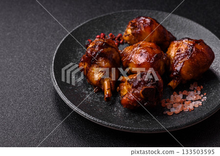 Fried chicken legs with teriyaki sauce, oven baked meat. Chicken legs 133503595