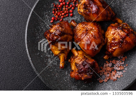 Fried chicken legs with teriyaki sauce, oven baked meat. Chicken legs Fried chicken legs with teriyaki sauce, oven baked meat. Chicken legs 133503596