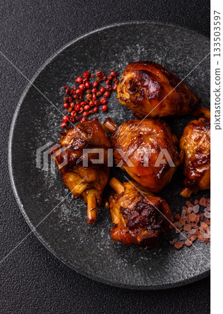 Fried chicken legs with teriyaki sauce, oven baked meat. Chicken legs Fried chicken legs with teriyaki sauce, oven baked meat. Chicken legs 133503597