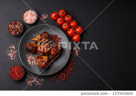Fried chicken legs with teriyaki sauce, oven baked meat. Chicken legs 133503604