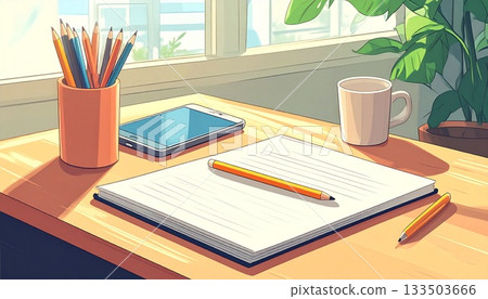 一張桌子的插圖，上面放著鉛筆、筆記本和智慧型手機。 133503666