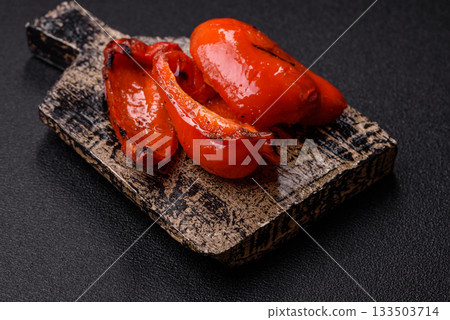 Grilled red bell peppers, vegetarian food. Red bell peppers 133503714