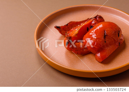Grilled red bell peppers, vegetarian food. Red bell peppers Grilled red bell peppers, vegetarian food. Red bell peppers 133503724