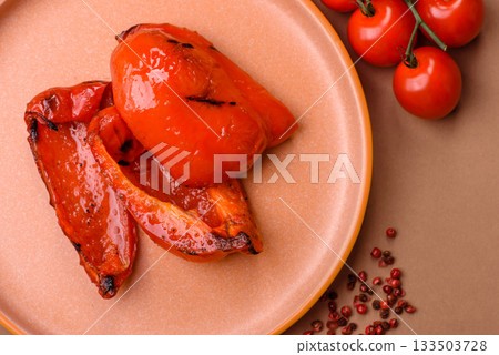 Grilled red bell peppers, vegetarian food. Red bell peppers 133503728