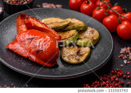 Grilled red bell peppers, vegetarian food. Red bell peppers Grilled red bell peppers, vegetarian food. Red bell peppers 133503743