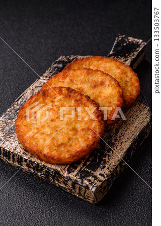 Potato hash browns, a cooked vegetable breakfast food. Potato hash brown Potato hash browns, a cooked vegetable breakfast food. Potato hash brown 133503767