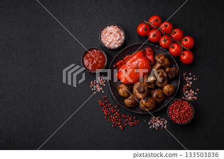 Grilled mushroom pieces, a vegetarian healthy meal with sauce. Barbecue mushroom halves Grilled mushroom pieces, a vegetarian healthy meal with sauce. Barbecue mushroom halves 133503836