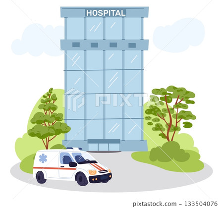 Ambulance stands near modern building of city hospital. Medical aid. Emergency car. Clinic architecture urban facade. Automobile minivan. Medicine and health care service. Vector concept 133504076