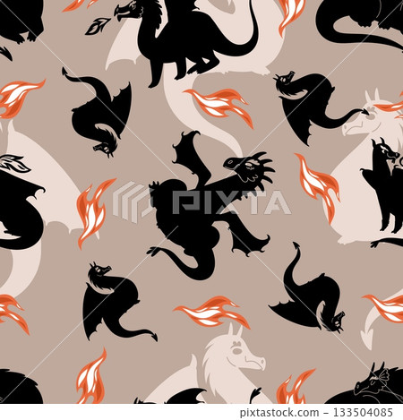 Black silhouettes of dragon with fire from its mouth. Fantast winged reptiles seamless pattern. Flying bestiary lizards. Repeated print. Fairytale magical monsters. Vector background 133504085