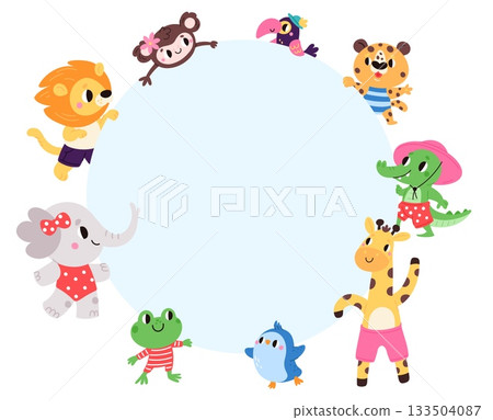 Cartoon animals hold large round clean poster. Lion and giraffe showing placard. Mammals board. Funny monkey and elephant. Creatures with signboard. Message billboard. Vector blank banner 133504087