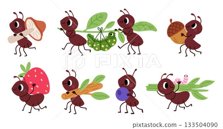 Cartoon hardworking ants carry food to anthill. Arthropods holding caterpillars and fruits. Natural funny creatures. Cartoon pismire characters. Mushroom and berry. Vector isolated set 133504090