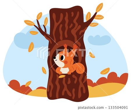 Cartoon squirrel sits in tree hollow against backdrop of beautiful autumn season forest with falling leaves. Cute fluffy character in home. Mammals wildlife. Trunk hole. Vector concept 133504091