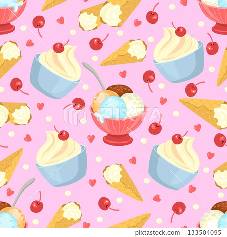 Delicious ice cream in bowl and waffle cone with fruits. Cold desserts seamless pattern. Vanilla frozen product cup with cherry. Repeated print. Summer refreshing food. Vector background 133504095