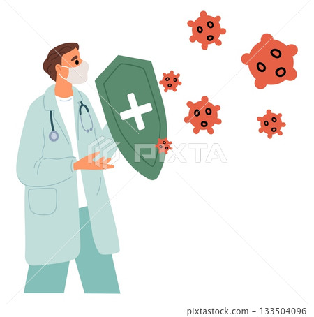 Doctor with shield protects against germs and bacteria. Medical health care and protection from infection. Physician guard. Man fighting with microbes. Illness treatment. Vector concept Doctor with shield protects against germs and bacteria. Medical health care and protection from infection. Physician guard. Man fighting with microbes. Illness treatment. Vector concept 133504096