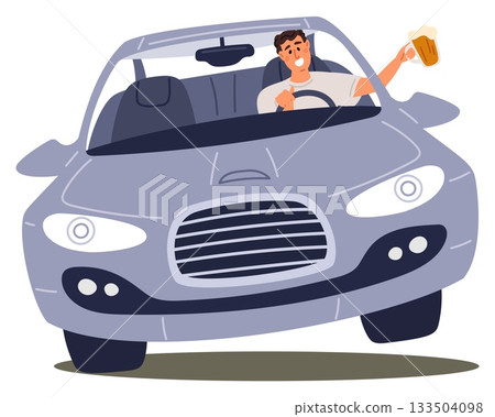 Drunk male driver with glass of beer in hand driving car on road. Alcohol addiction. Boozy man at automobile steering wheel. Drunken person. Transportation accident. Vector concept 133504098